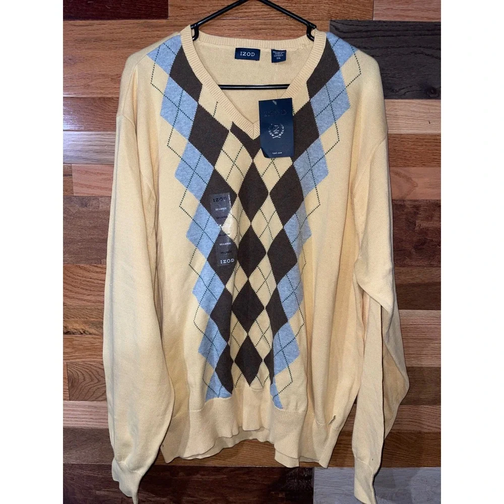 IZOD Mens Argyle V-Neck Sweater Yellow Brown Blue Cotton XXL 2X-Large NWT
